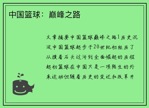 中国篮球：巅峰之路